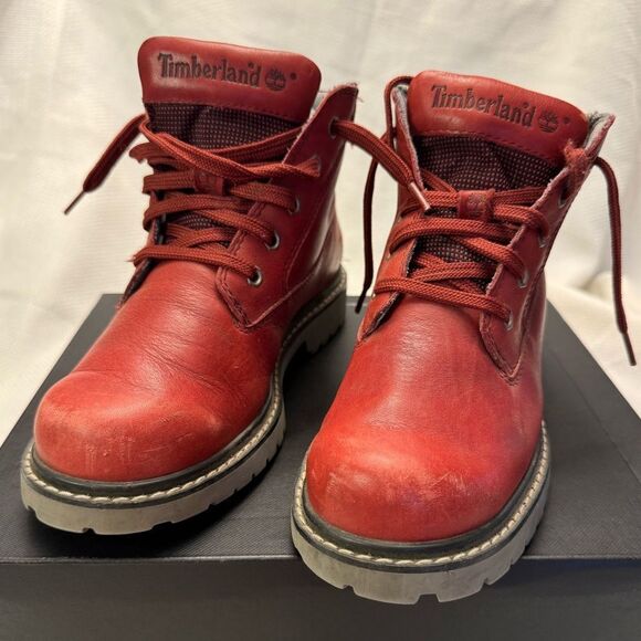 Women’s Timberland red leather lace up ankle boots 6.5 padded collar lug sole - Picture 1 of 11